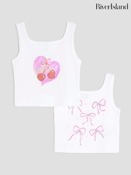 River Island White Girls Cherry and Bow Tank Top (H80539) | €25