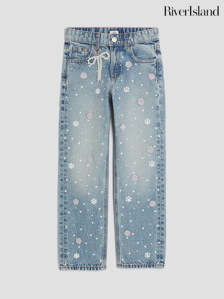River Island Blue Girls Pearl Flower Print Straight Jeans (H80540) | €43