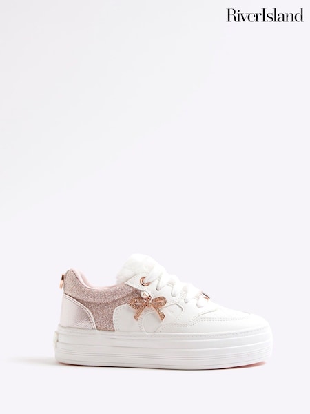 River Island Pink Girls Fur Tongue Bow Charm Trainers (H80546) | €29