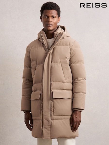 Castanho Camelo Claro - Reiss Moon Longline Quilted Puffer Jacket (H80558) | R$ 3.930