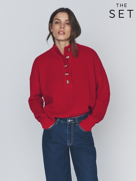 The Set 2 Pack Button Neck Chunky Ribbed Jumper Red/Cream & Navy Stripe (H80571) | 268 SAR