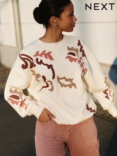 לבן - Sweatshirt with Appliqué Details (H80682) | ‏120‏₪