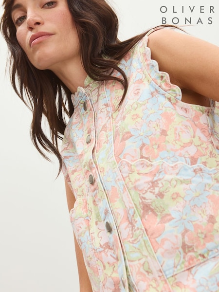 Oliver Bonas Pink Pastel Floral Print Scalloped Denim Waistcoat (H80711) | €77