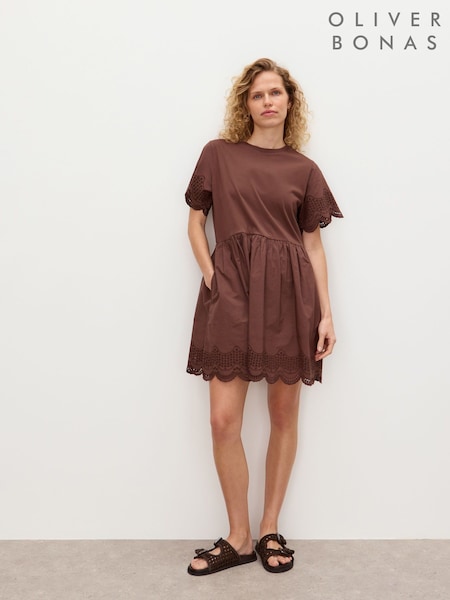 Oliver Bonas Brown Scalloped Broderie Mini T-Shirt Dress (H80714) | €95