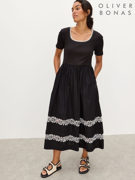 Oliver Bonas Black Broderie Short Sleeve Midi Dress (H80720) | €108