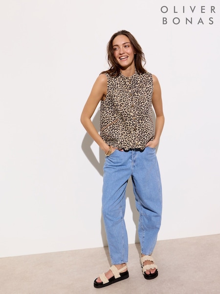 Oliver Bonas Brown Leopard Print Scalloped Denim Waistcoat (H80721) | €85