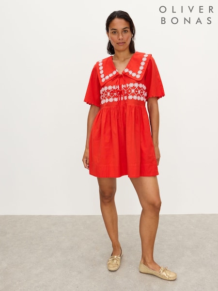 Oliver Bonas Red Daisy Embroidered Collar Mini Dress (H80723) | AED495