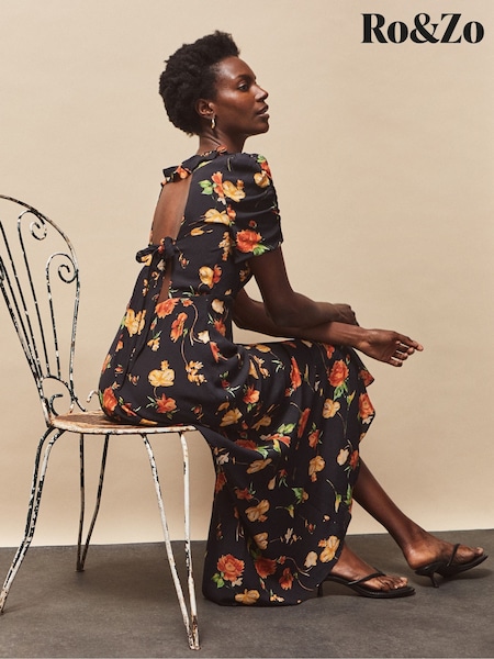 Orange/Yellow - Ro&Zo Floral Print Black Tie Back Dress (H80807) | R$ 1.375