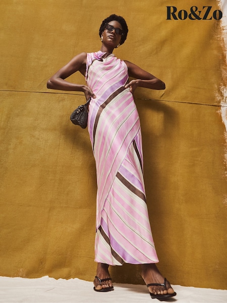 Ro&Zo Pink Petite Stripe Cowl Neck Satin Dress (H80815) | AED984
