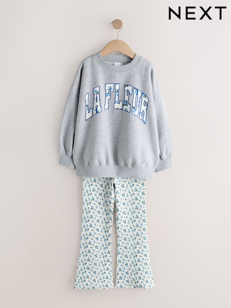 Grey/Blue Floral Slogan - Sweatshirt and Flare Leggings Set (3-16yrs) (H80899) | ‏109 ر.ق. - ‏140 ر.ق.