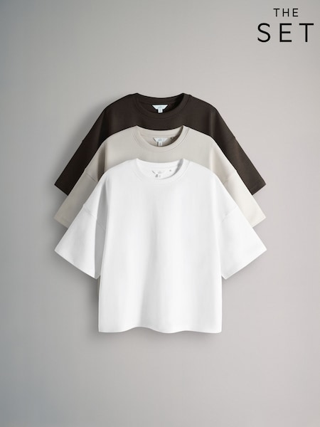 بني شوكولاتة/بني داكن/أبيض - The Set 3 Pack Heavyweight Premium Boxy T-Shirts (H80997) | ‏218 د.إ.‏