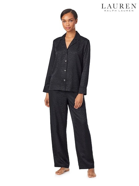 Lauren Ralph Lauren Black Satin Long Sleeve Notch Pyjamas (H81138) | €197