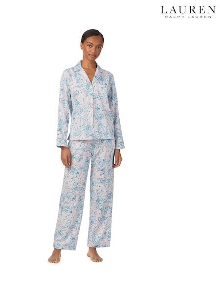 Lauren Ralph Lauren Blue Cotton Woven Sateen Long Sleeve Notch Collar Pajamas Set (H81139) | R$ 1.175