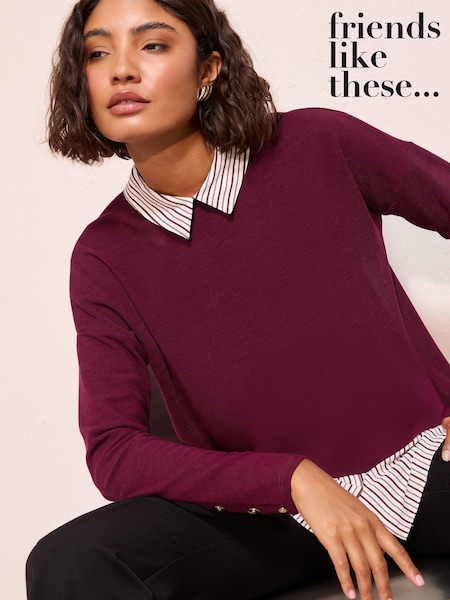 Friends Like These Burgundy Red 2 in 1 Poplin Collar Jersey Jumper (H81152) | €48
