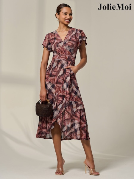 Jolie Moi Brown Petite Mesh Short Sleeve Wrap Midaxi Dress (H81475) | OMR0