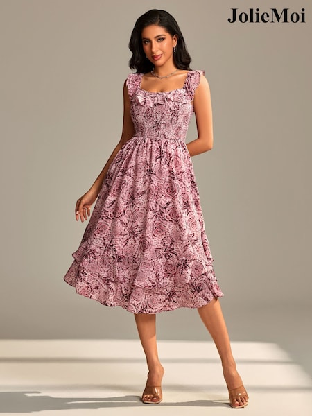 Jolie Moi Pink Shirred Ruffle Sleeve Tiered Midi Dress (H81476) | €83