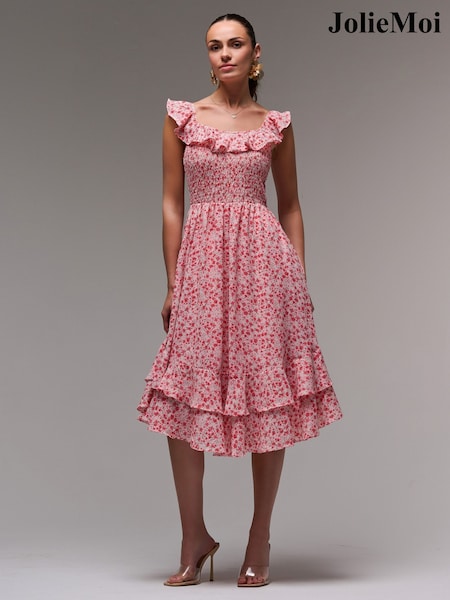 Jolie Moi Red Ruffle Shirred Woven Midi Dress (H81477) | €79