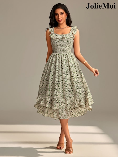 Зелений - Jolie Moi Shirred Ruffle Sleeve Tiered Midi Dress (H81494) | 3 905 грн