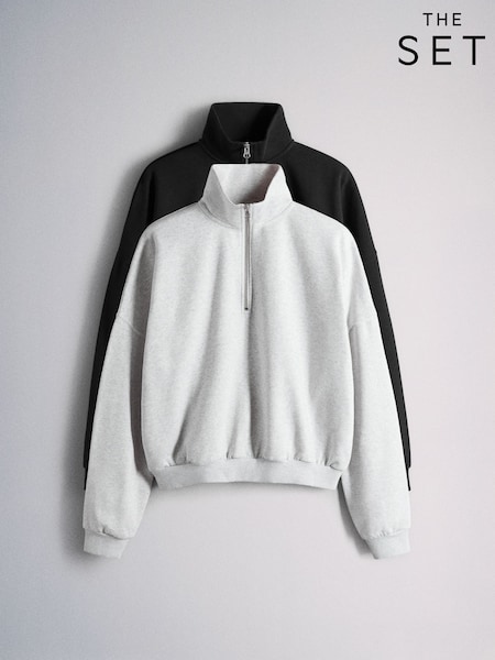 The Set 2 Pack 1/4 Zip Funnel Neck Sweat Tops Black/Grey (H81497) | AED181