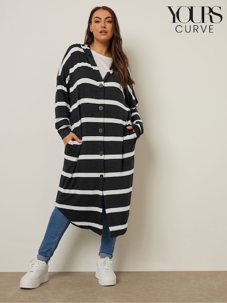 Yours Curve Black Longline Hooded Stripe Cardigan (H81525) | R$ 385