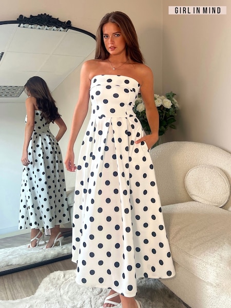 Girl In Mind White Danni Strapless Bandeau Polka Dot Midi Dress (H81570) | €63