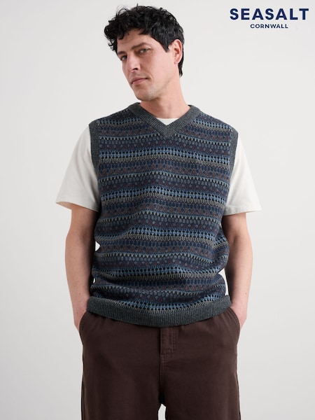 Seasalt Cornwall Blue Mens Fairisle Pattern Walt Vest (H81576) | €120