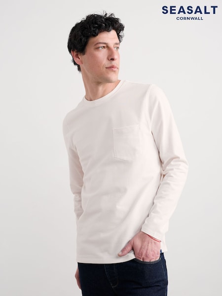 Seasalt Cornwall White Mens Merthen Long Sleeve Top in GOTS Certified Cotton (H81586) | 178 QAR