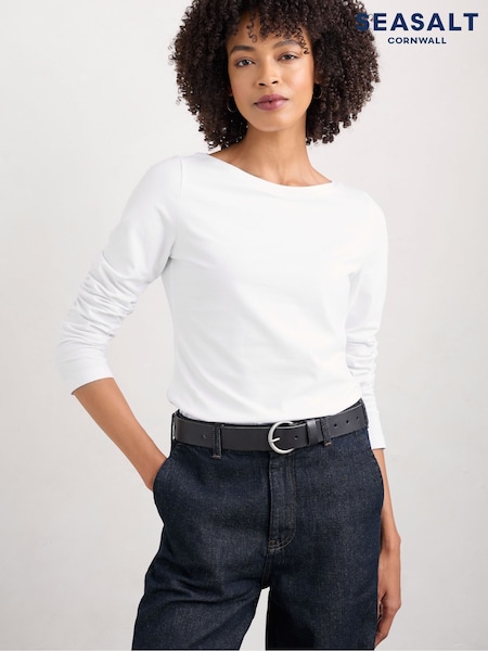 Seasalt Cornwall White Easel Long Sleeve Top in GOTS Certified Cotton Jersey (H81665) | 139 QAR
