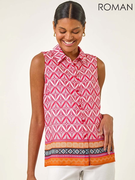 Roman Geo Border Print Button Blouse (H81696) | R$ 385
