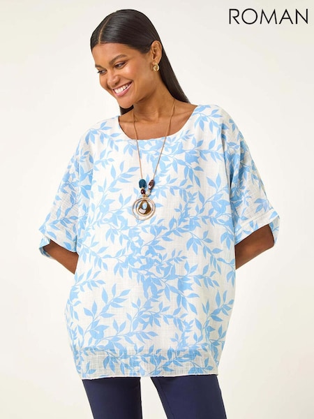 Azul - Roman Leaf Print Necklace Detail Tunic Top (H81704) | R$ 510