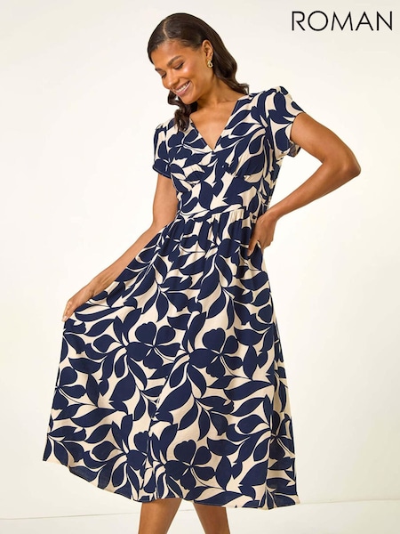 Roman Blue Leaf Print V-Neck Midi Dress (H81707) | €69