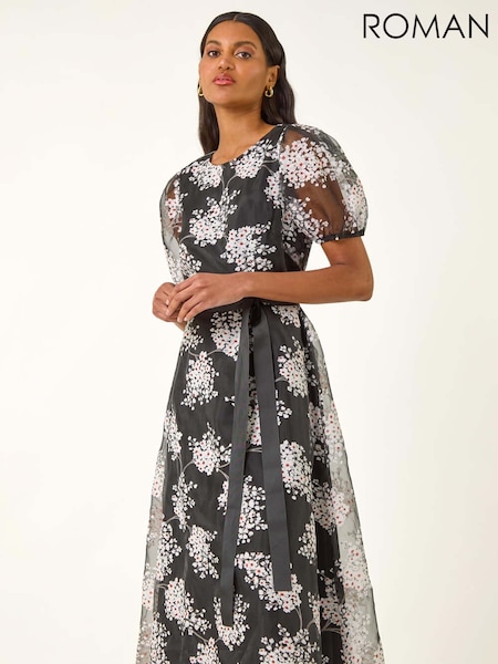 Roman Black Floral Print Organza Belted Dress (H81718) | R$ 945