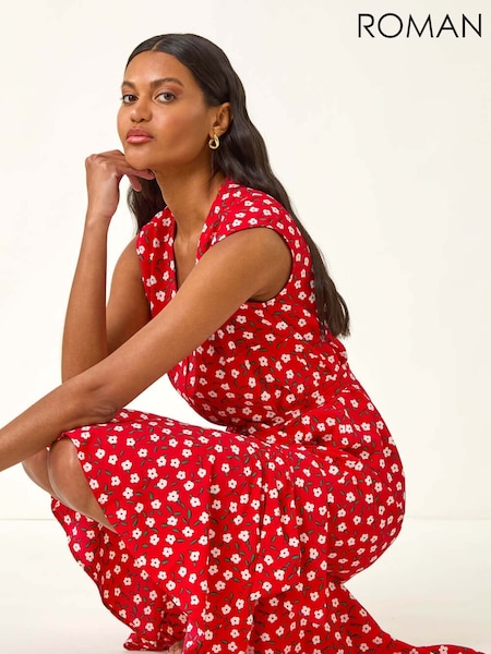 Roman Red Floral Print Frill Buttoned Dress (H81724) | R$ 580