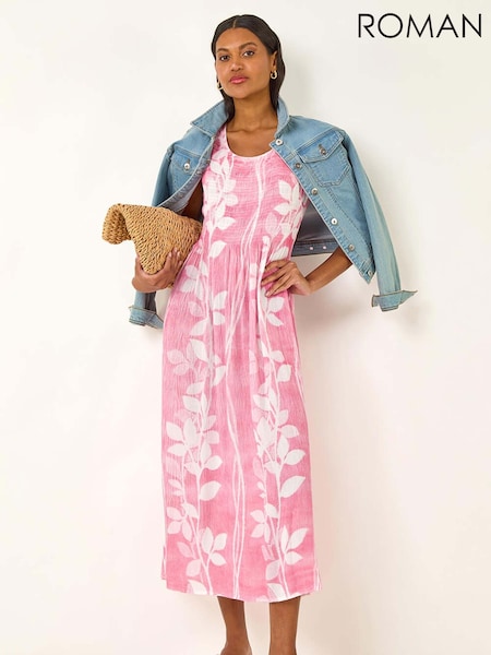 Roman Pink Leaf Print Shirred Bodice Midi Dress (H81725) | R$ 545