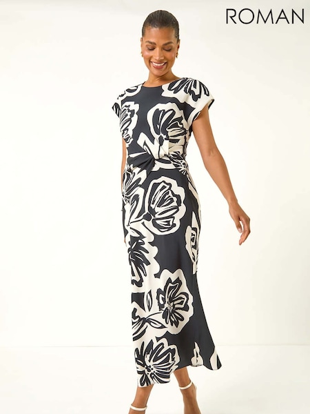 Roman Black Floral Twist Front Midi Dress (H81727) | €93