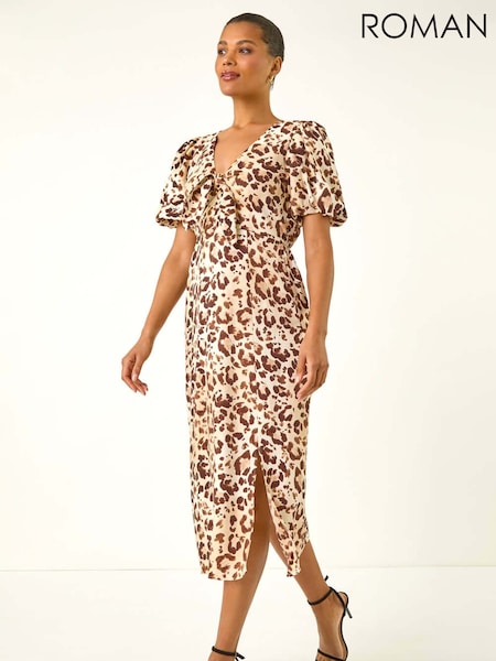 Roman Brown Animal Print Tie Front Midi Dress (H81729) | €69