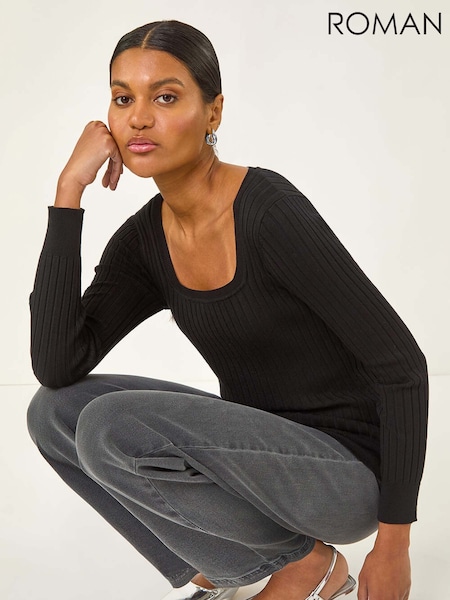 Preto - Roman Square Neck Ribbed Knit Jumper (H81735) | R$ 385