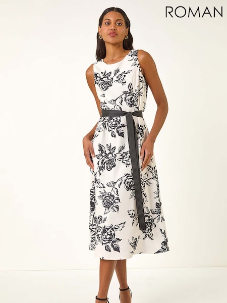 Roman White Monochrome Printed Satin Midi Dress (H81737) | €83
