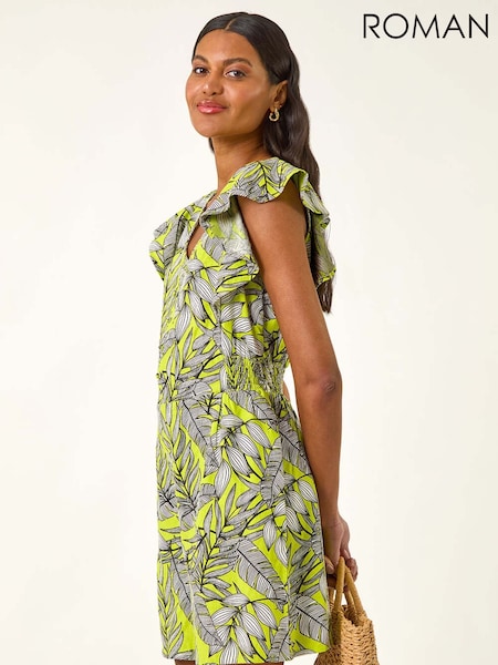 Roman Green Tropical Print Linen Mix Playsuit (H81741) | R$ 545