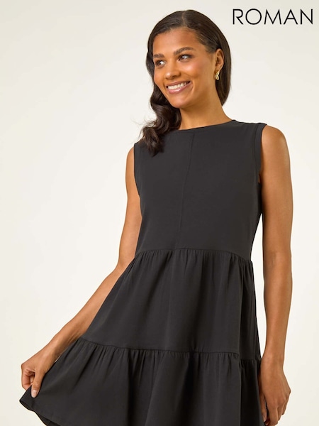 Roman Black Cotton Tiered Stretch Dress (H81743) | R$ 510