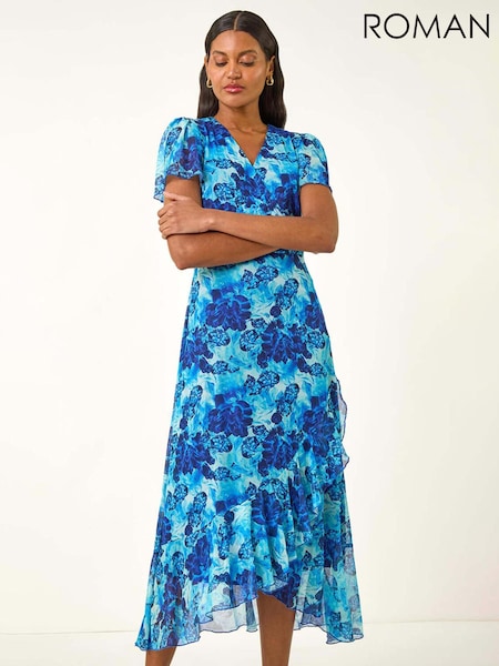 Roman Blue Floral Print Frill Mesh Stretch Dress (H81744) | €60