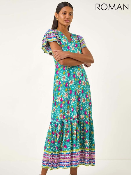 Roman Floral Print Border Maxi Dress (H81747) | R$ 605