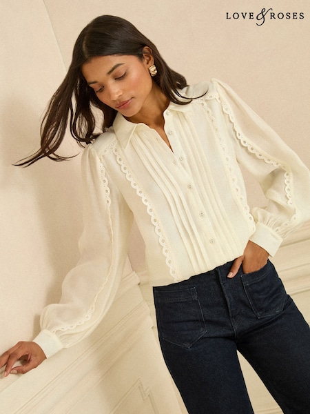 Love & Roses Ivory Petite Long Sleeve Button Through Lace Trim Shirt (H81784) | €52