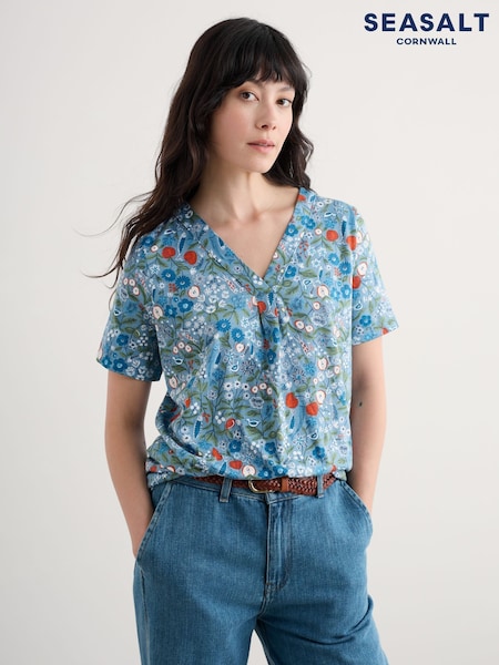 Seasalt Cornwall Blue Barnoon Jersey Printed Short Sleeve Top (H81796) | €60