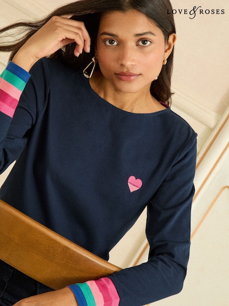 Love & Roses Navy Blue Embroidered Rainbow Stripe Cuff Petite Long Sleeve Jersey Top (H81801) | 114 QAR