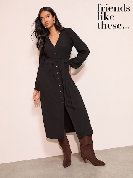 Friends Like These Black Long Sleeve Tie Waist Button Up Textured Midi Dress (H81948) | €62