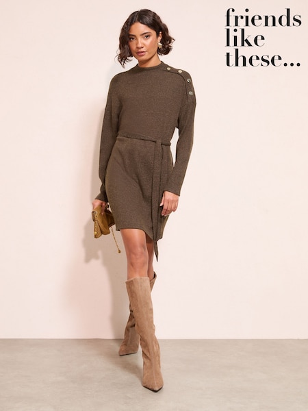 Friends Like These Chocolate Brown Long Sleeve Button Shoulder Tie Belt Cosy Mini Dress (H81952) | 203 QAR