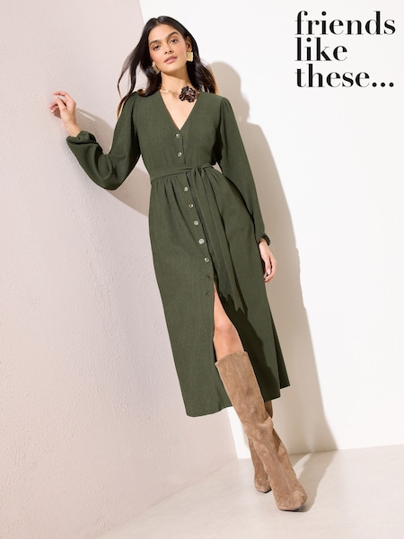كاكي أخضر - Friends Like These Long Sleeve Tie Waist Button Up Textured Midi Dress (H82034) | ‏218 ر.ق.
