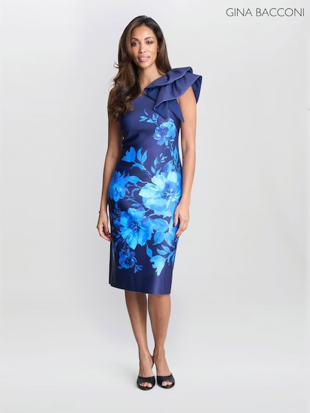 Gina Bacconi Blue Venus Printed Asymmetric Dress With Frill Sleeve (H82155) | €306