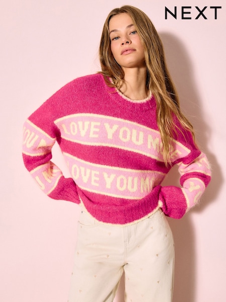 Bright Pink Slogan Stripe Crew Neck Jumper With Wool (H82208) | €54